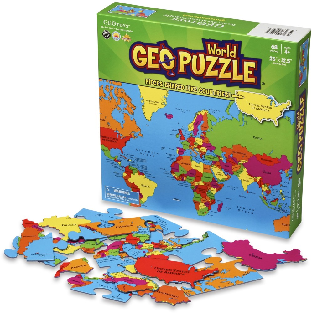 Карта на света - Пъзел от 66 части в нестандартна форма от колекцията Geo puzzle - пъзел