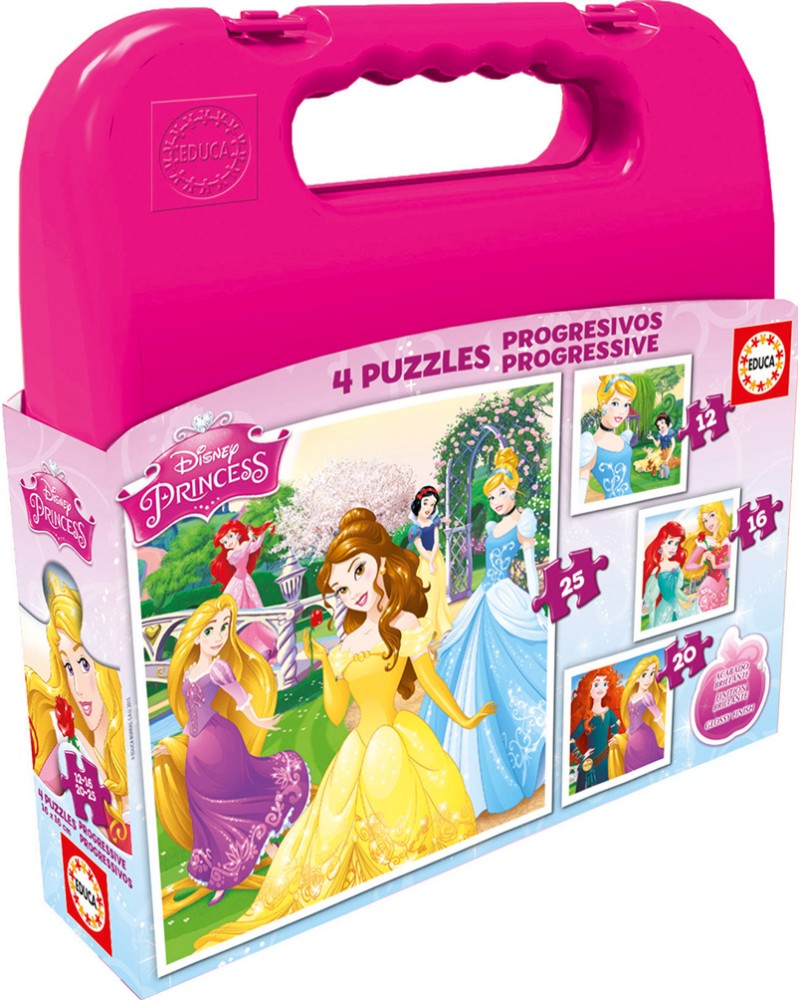 Принцесите на Дисни - 4 пъзела от 12, 16, 20 и 25 части от колекцията Progressive Puzzles - пъзел
