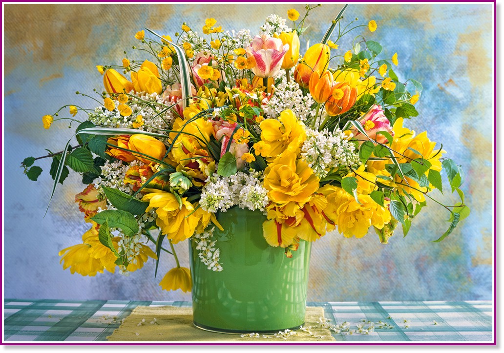 Пролетни цветя в зелена ваза - Пъзел от 1000 части - пъзел