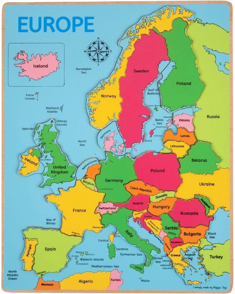 Карта на Европа - Дървен пъзел от 25 големи части - пъзел