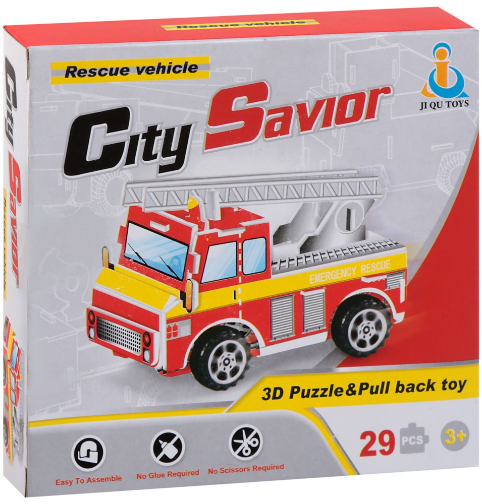 Спасителен пожарен камион - 3D картонен пъзел от 29 части с pull-back механизъм - пъзел