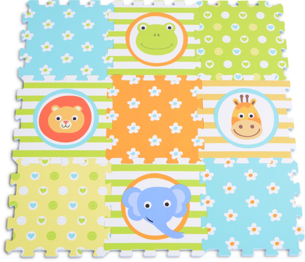 Цветя и животни - Детски пъзел-килим от 9 меки части - пъзел