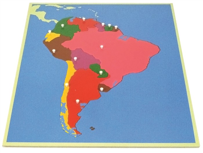 Карта на Южна Америка - Детски дървен пъзел от 13 части с пинчета по метода на Монтесори - пъзел
