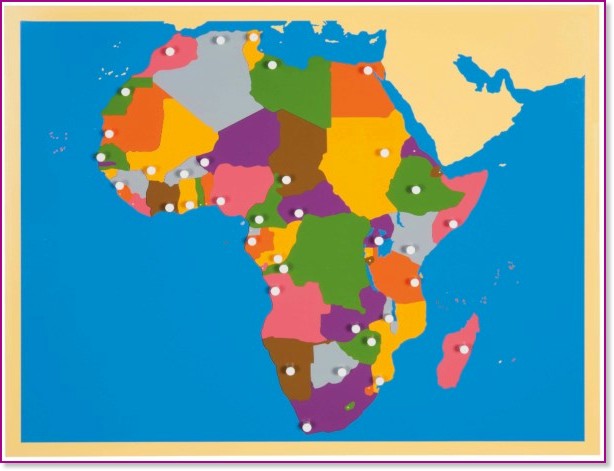 Карта на Африка - Детски дървен пъзел с пинчета по метода на Монтесори - пъзел