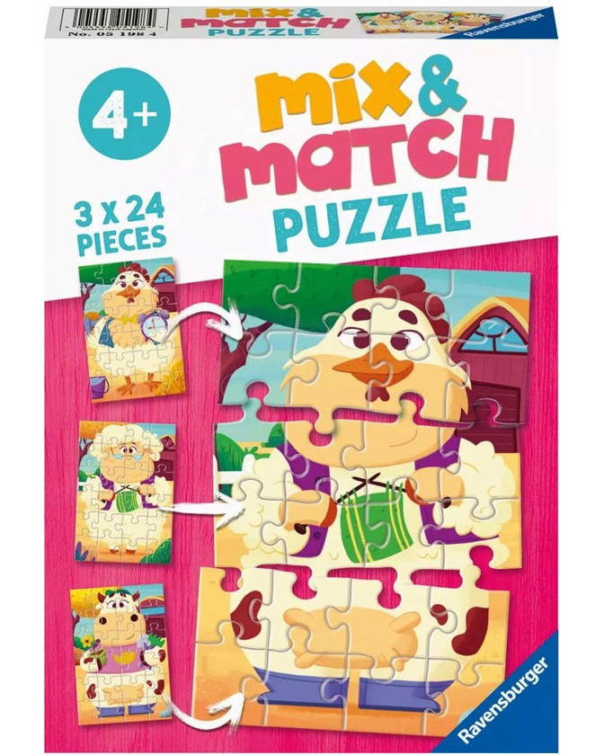 Моите приятели от фермата Моите приятели от фермата - 3 пъзела от 24 части от колекцията "Mix and Match" - пъзел