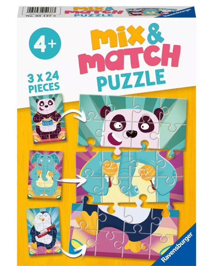 Музикални животни Музикални животни - 3 пъзела от 24 части от колекцията "Mix and Match" - пъзел