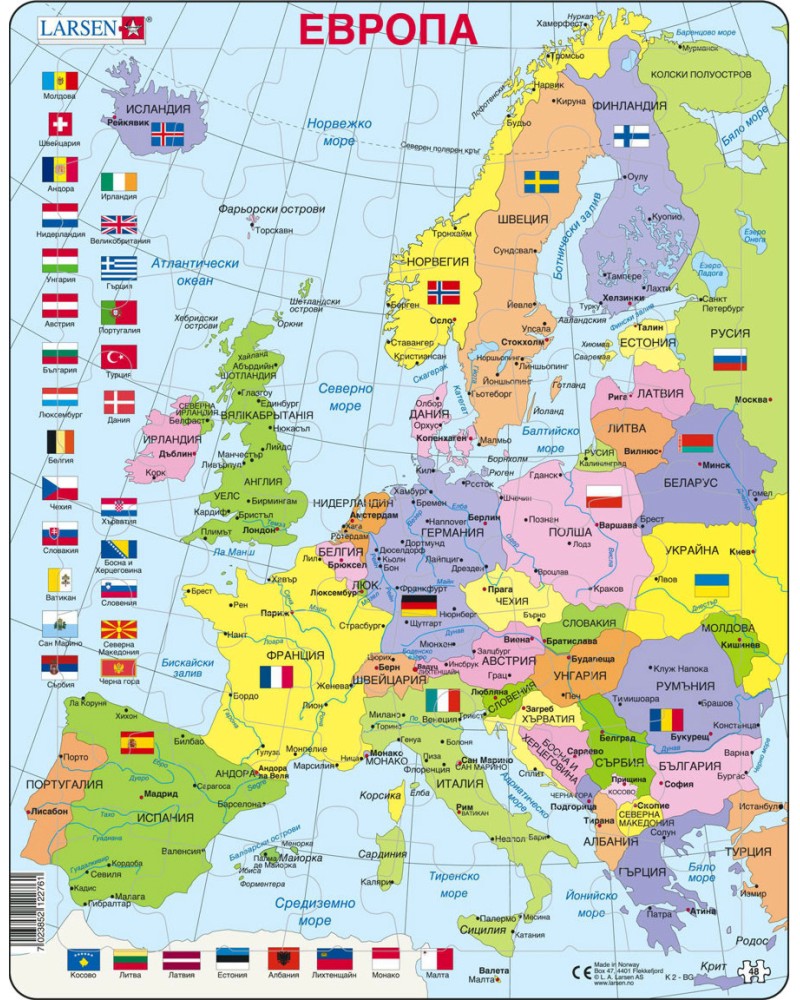 Карта на Европа - Образователен пъзел от 48 части в нестандартна форма - пъзел