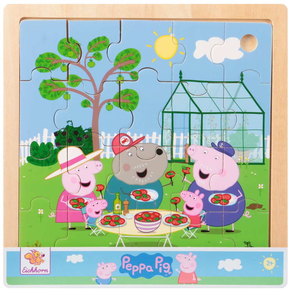 Пепа на пикник в градината - Дървен пъзел от 20 части в подложка на тема Peppa Pig - пъзел