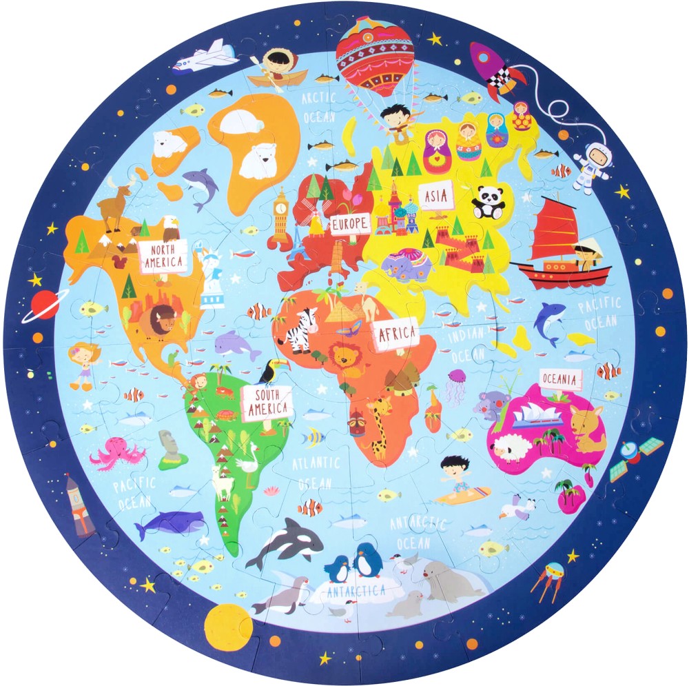 Карта на света - Кръгъл пъзел от 48 части - пъзел