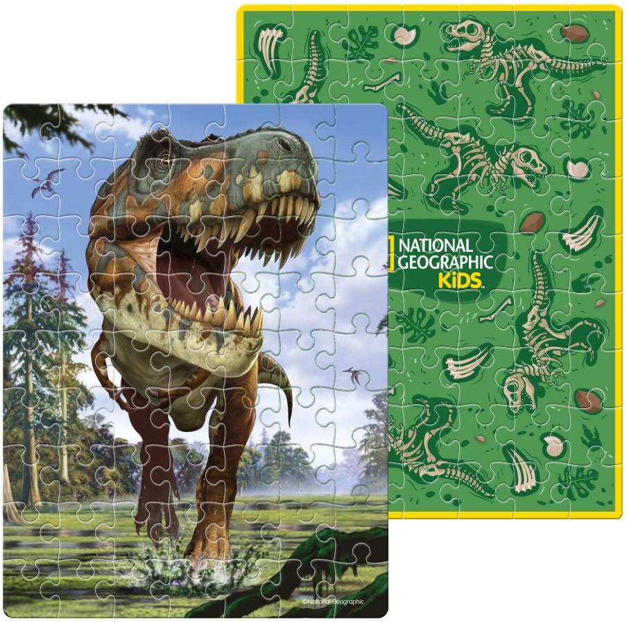 Тиранозавър - Двулицев пъзел от 63 части в метална кутия, от колекцията National Geographic Kids - пъзел