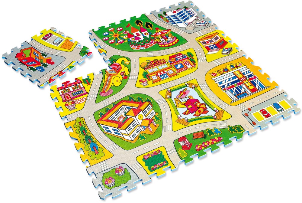 Град с улици - Детски пъзел-килим от 9 меки части - пъзел