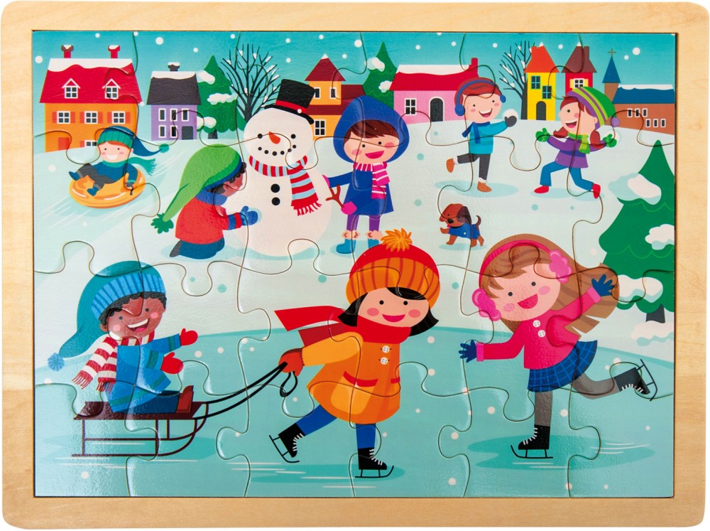 Зима - Детски дървен пъзел в рамка от 24 части - пъзел