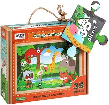 Животните в джунглата - Детски еко пъзел от 35 големи части в кутия с дръжка и книжка на английски език - пъзел