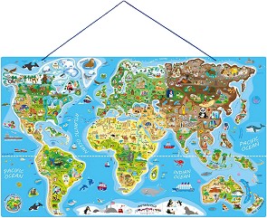 Карта на света - 2 в 1 - Дървен пъзел с магнитни части - пъзел